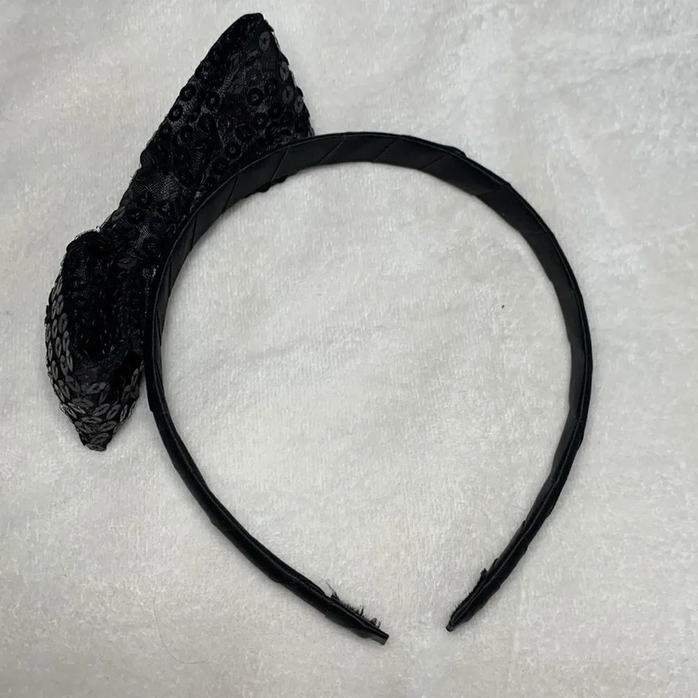 Girls Black Sequin and Ribbon Bow Tie Headband